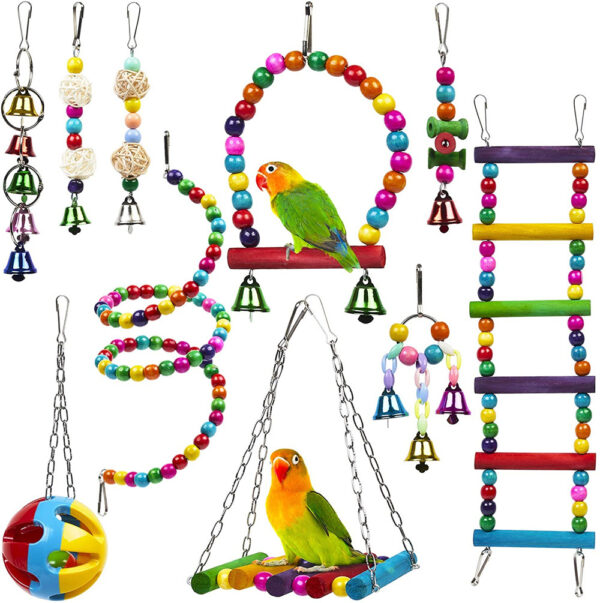 ⁦Parrot Combination Toy 10-Piece Set Wooden Bead Rotating Ladder Swing Stand Wooden Ladder Sepak Takraw Chewing Toy⁩ – תמונה ⁦3⁩