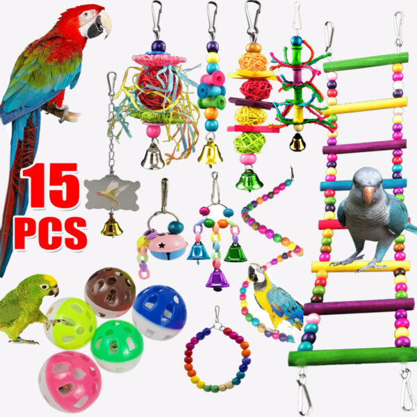 ⁦Parrot Combination Toy 10-Piece Set Wooden Bead Rotating Ladder Swing Stand Wooden Ladder Sepak Takraw Chewing Toy⁩ – תמונה ⁦4⁩